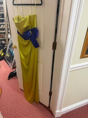 Strapless Satin Evening Gown in Chartreuse with Royal Blue Sash